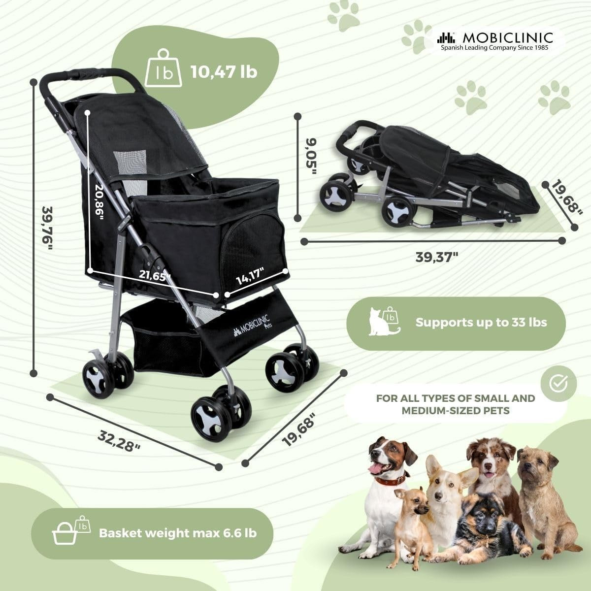 Small Dog Pet Stroller Foldable Pram 360 Swivel Wheels XXL Basket