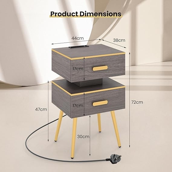 2x LED Smart Bedside Tables with Charging Station | 2-Drawer Modern Nightstands