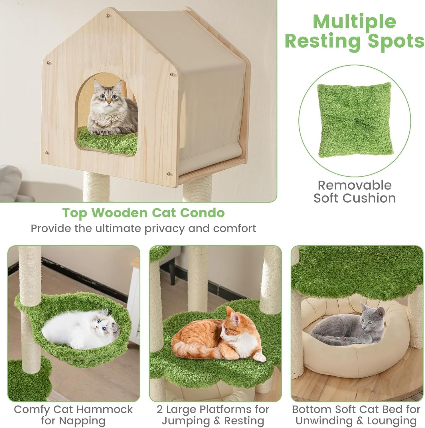 Modern Wooden Cat Tree Tower House Bed Sisal Posts Multi Level Indoor