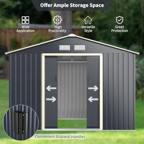 Metal Garden Shed 9x6FT Lockable Outdoor Storage Sloped Roof + Vents