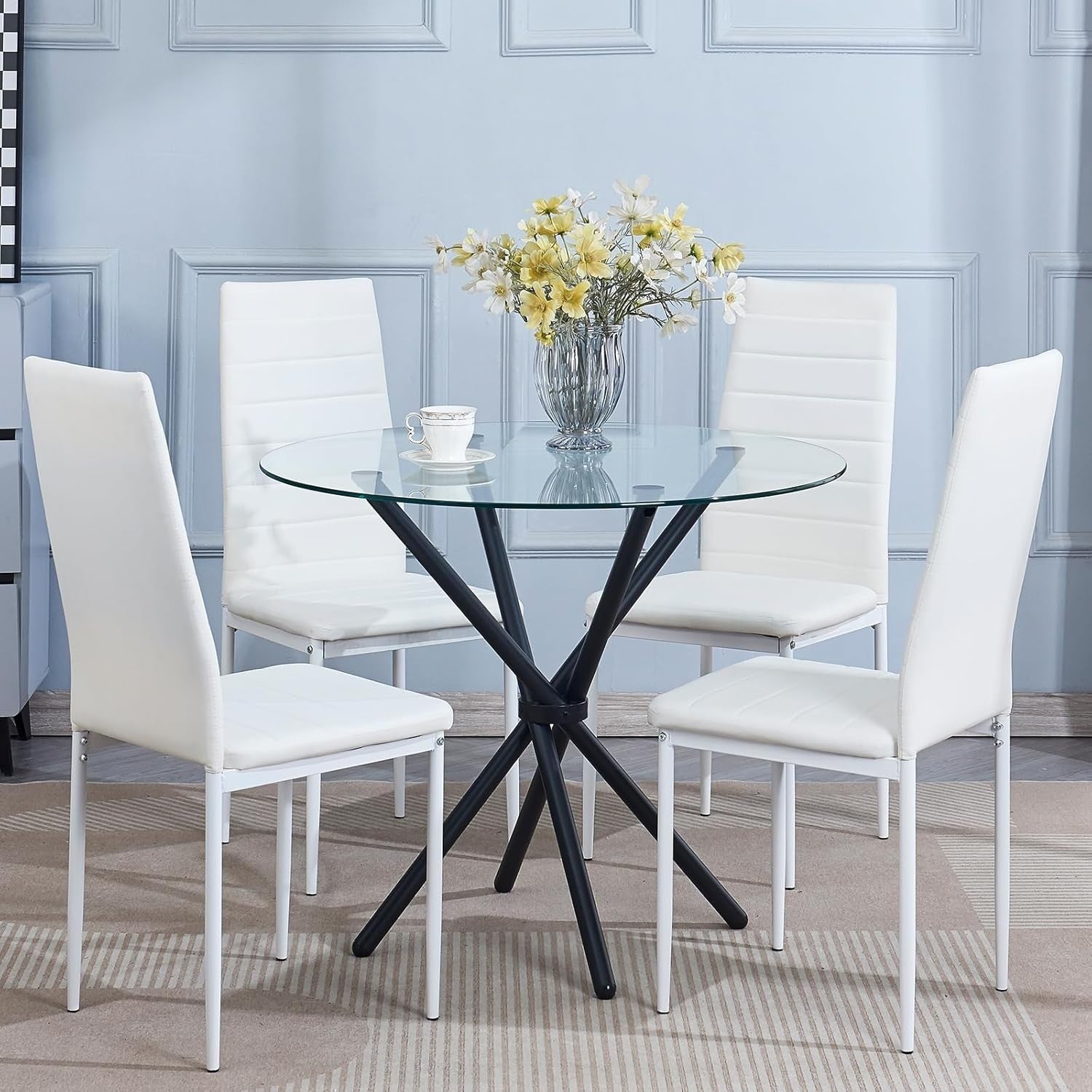 Round 5-Piece Glass Dining Table with 4 Grey PU Leather Chairs