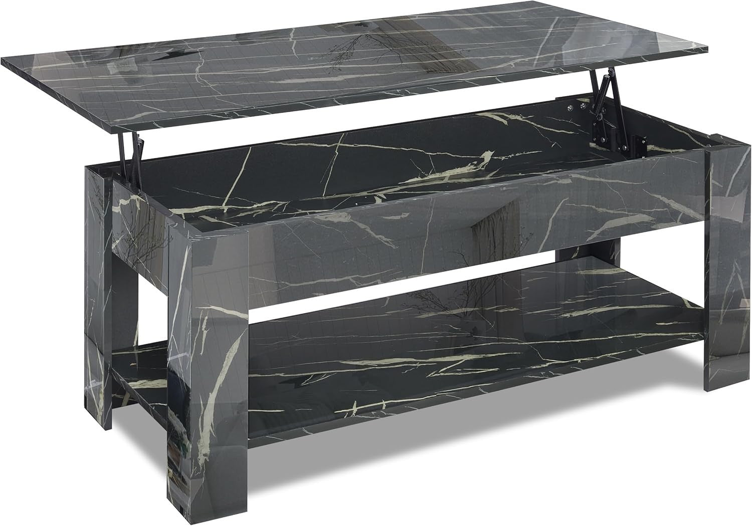 High Gloss Lift Top Coffee Table with Storage Black Marble 120cm Modern