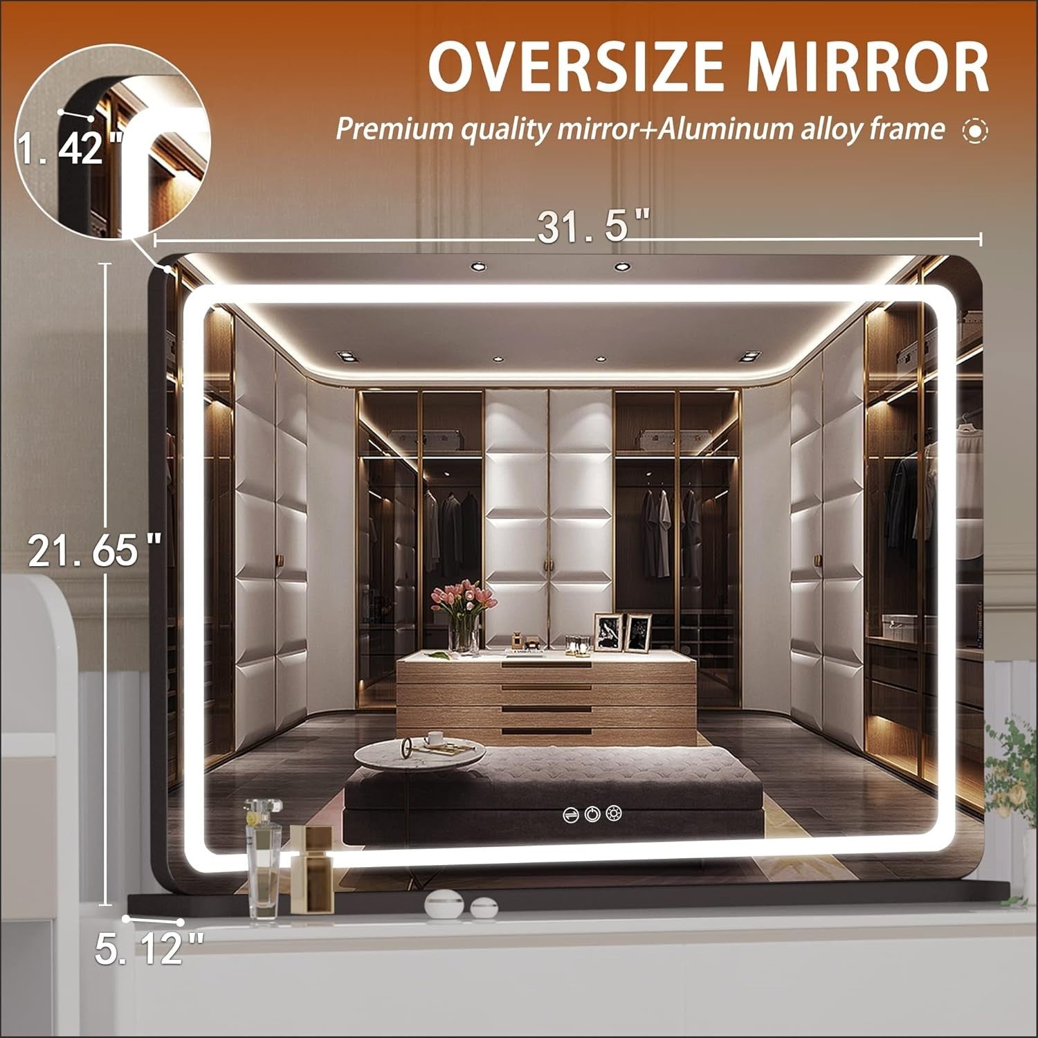 LED Vanity Mirror 80x58cm Touch Control Makeup Mirror with 3 Light Modes