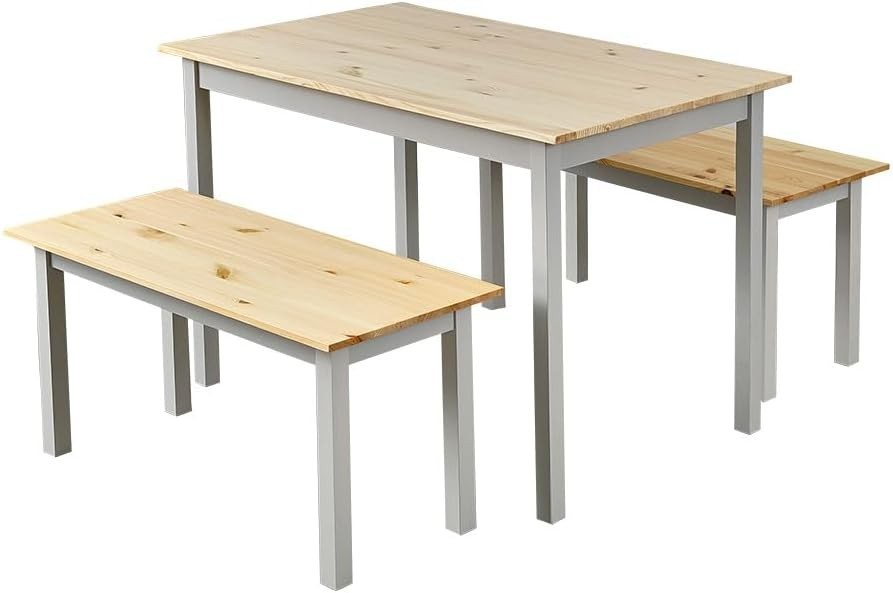 Solid Pine Dining Table & 2 Benches Set | Durable Kitchen Furniture Grey