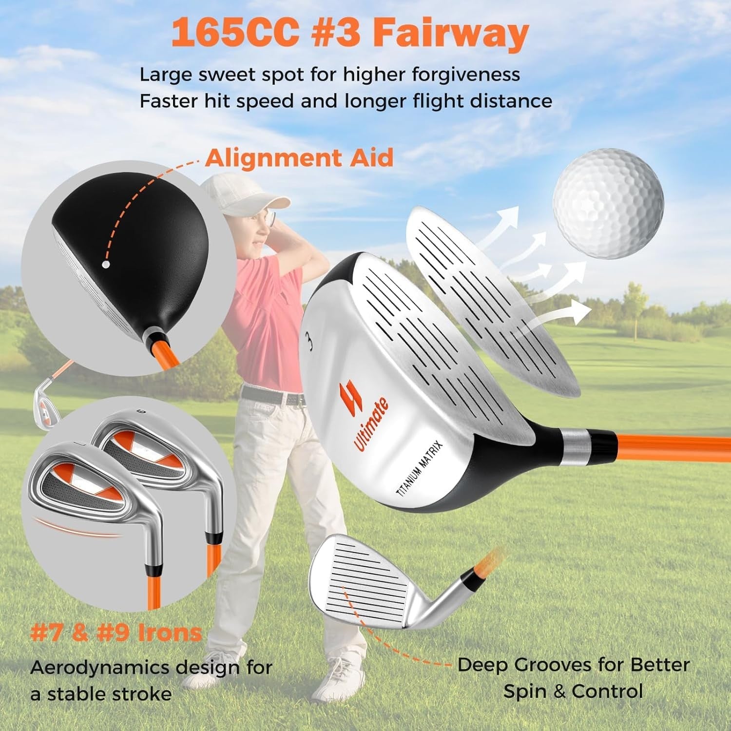 Junior Golf Club Set Age 8–10 Right Hand Fairway Irons Putter Stand Bag