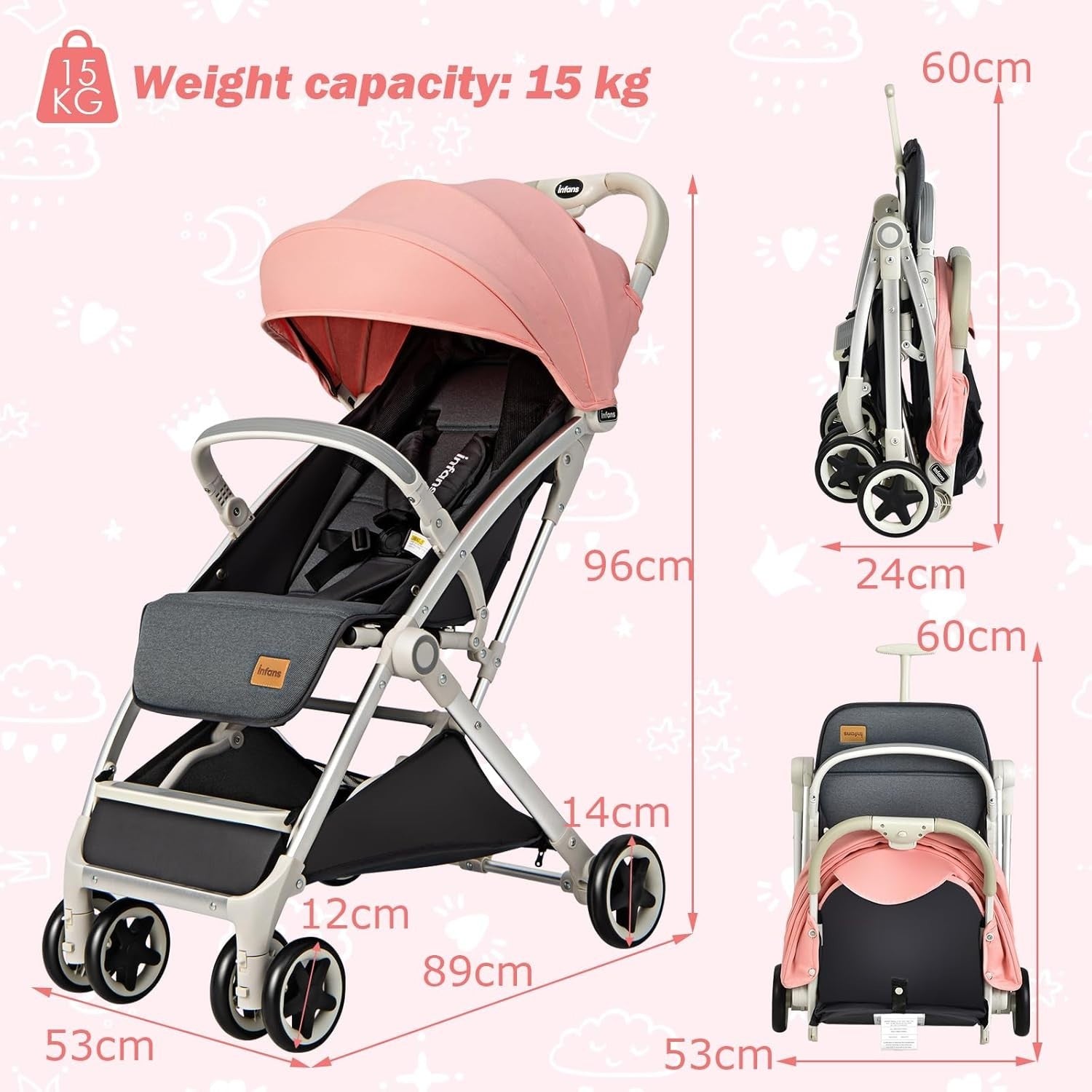 Pink Lightweight Baby Pushchair One Hand Fold Travel Buggy 5 Point