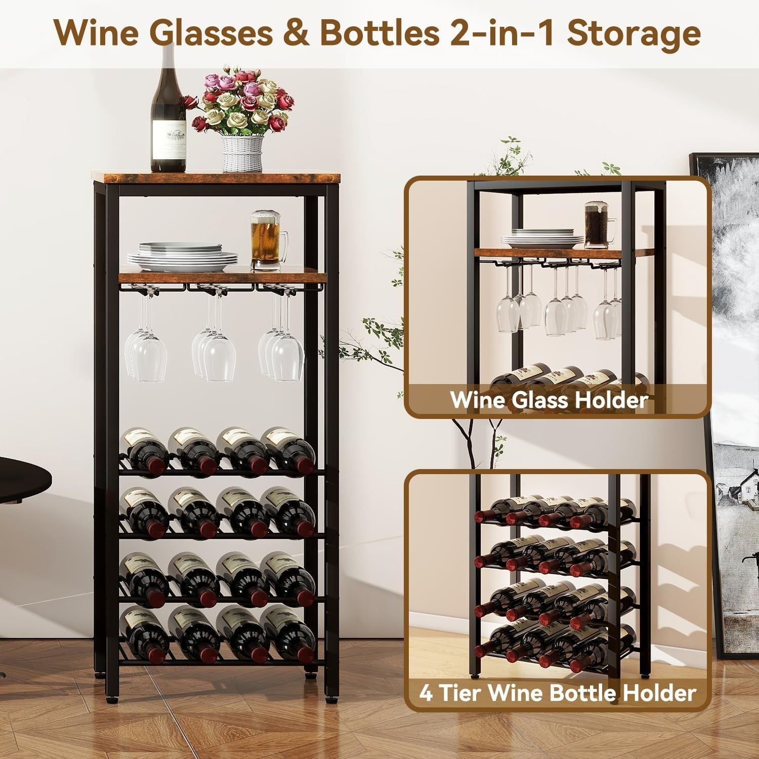 Wine Rack Freestanding with Glass Holder 16 Bottle Storage Shelf Rustic