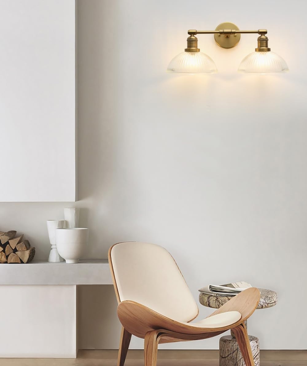 Industrial 2-Light Wall Sconce with Dome Ribbed Glass Shade, Dimmable
