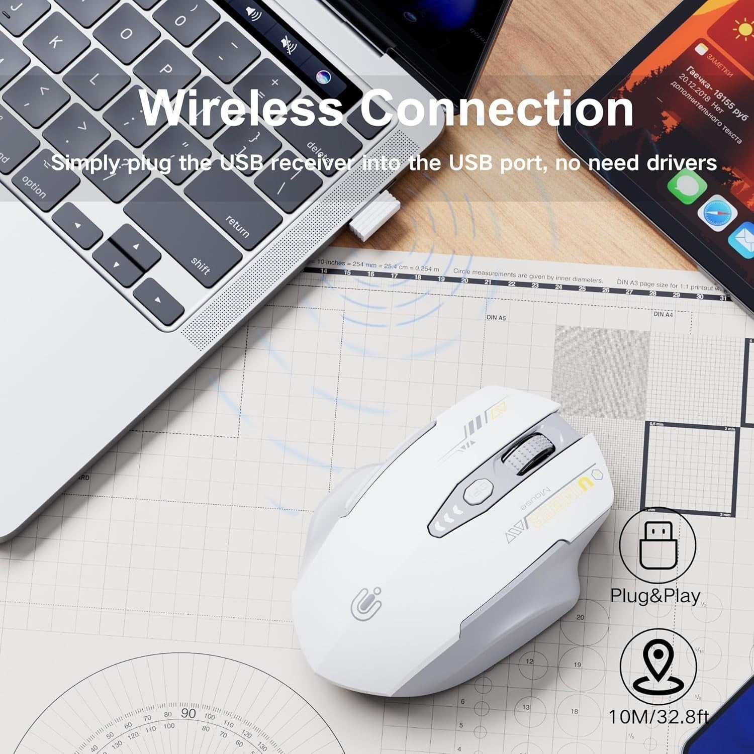 Rechargeable Wireless Mouse Battery Display Adjustable DPI USB Laptop Office