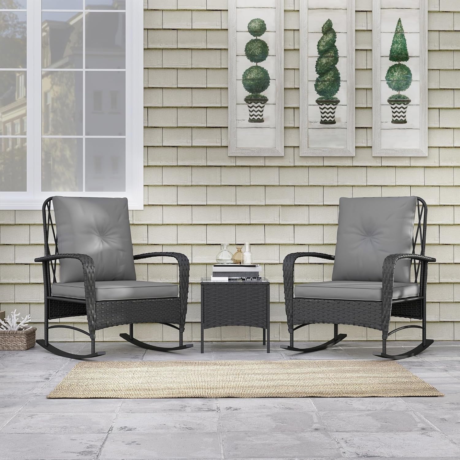 Rocking Rattan Bistro Set 3PC Cushioned Chairs Glass Table Balcony Patio