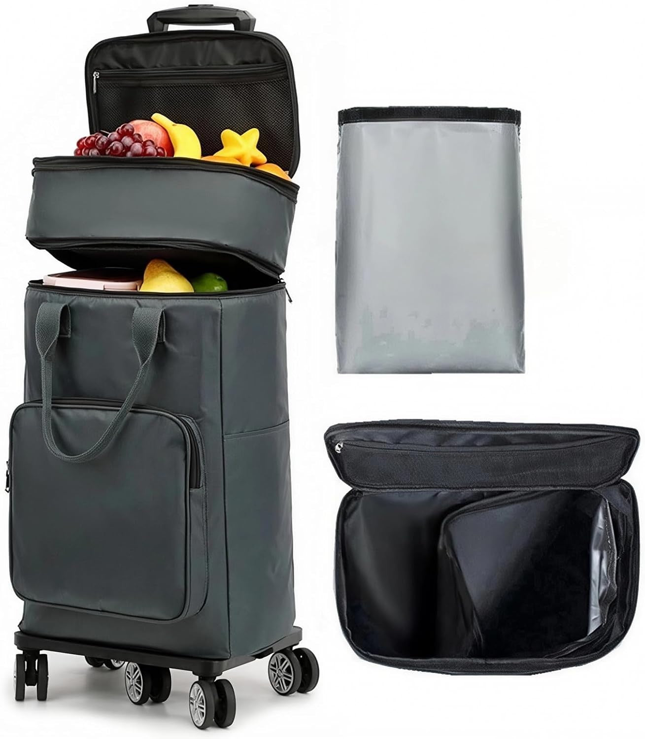 Insulated Folding Shopping Trolley Bag Wheels Telescopic Handle Grey