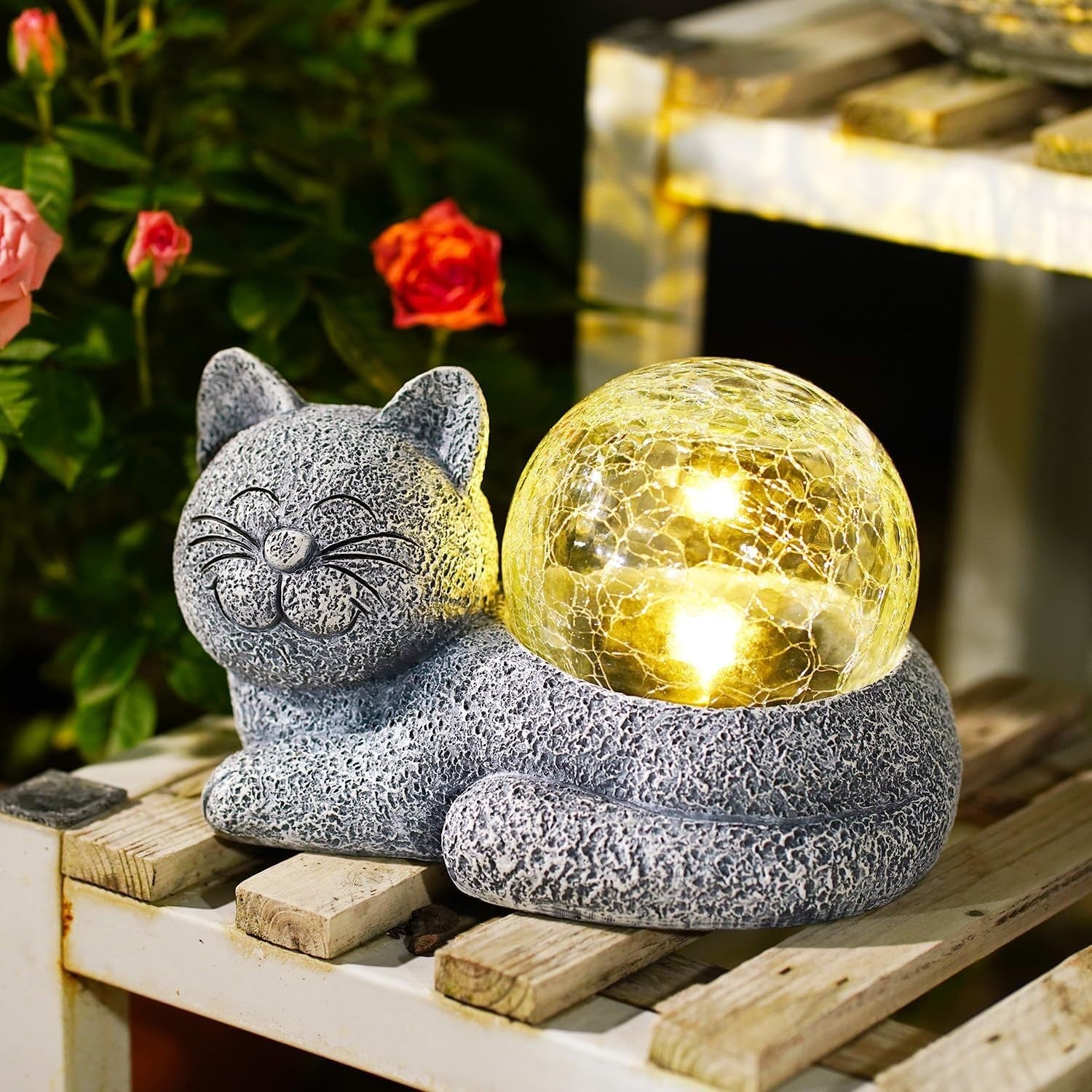 Solar Cat Garden Ornament with Crackle Ball Light – Waterproof LED Outdoor Decor