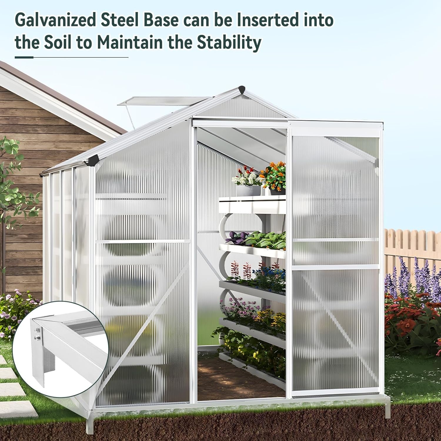 8x6FT Polycarbonate Walk-In Greenhouse with Base – Aluminium Frame, UV Resistant