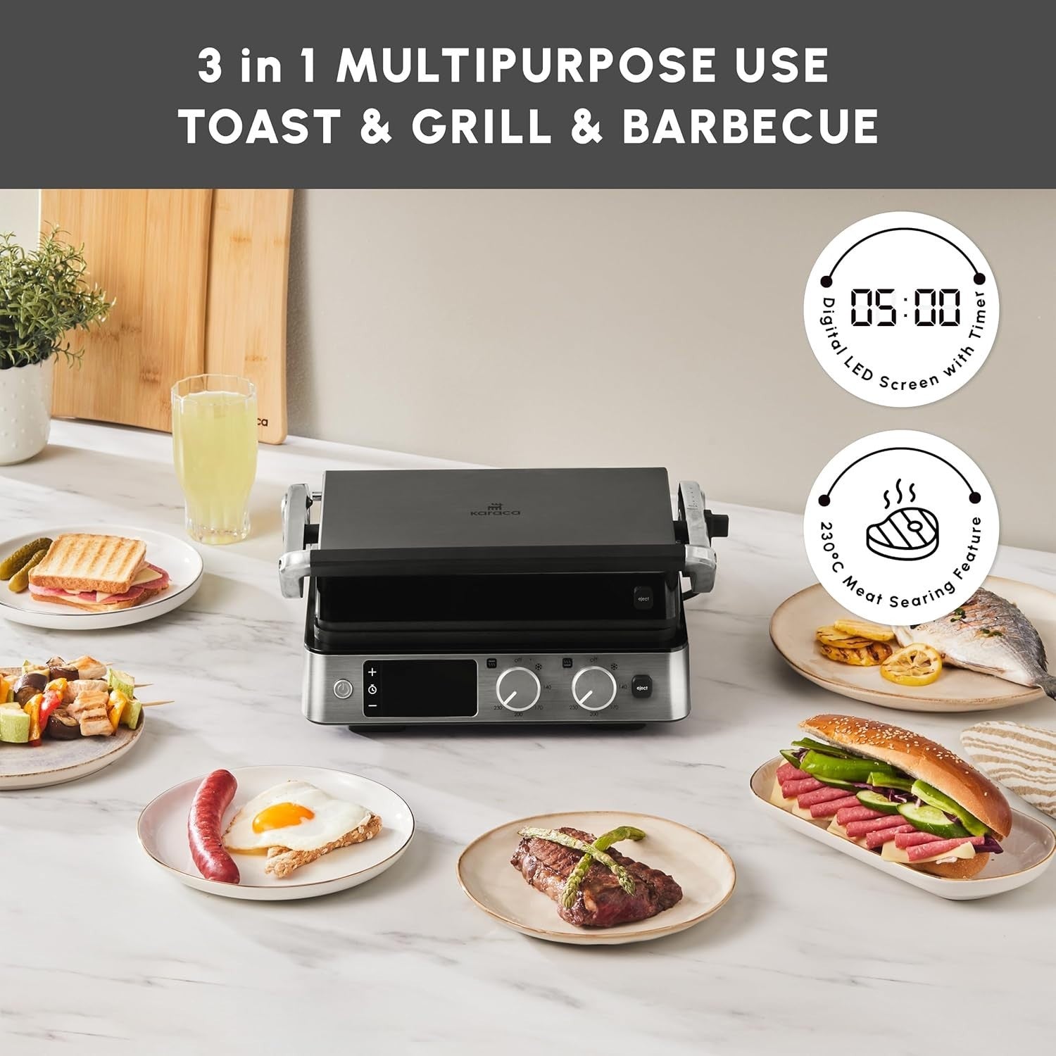 3-in-1 Sandwich Toaster Grill 6-Slice 2000W LED Timer Adjustable Height