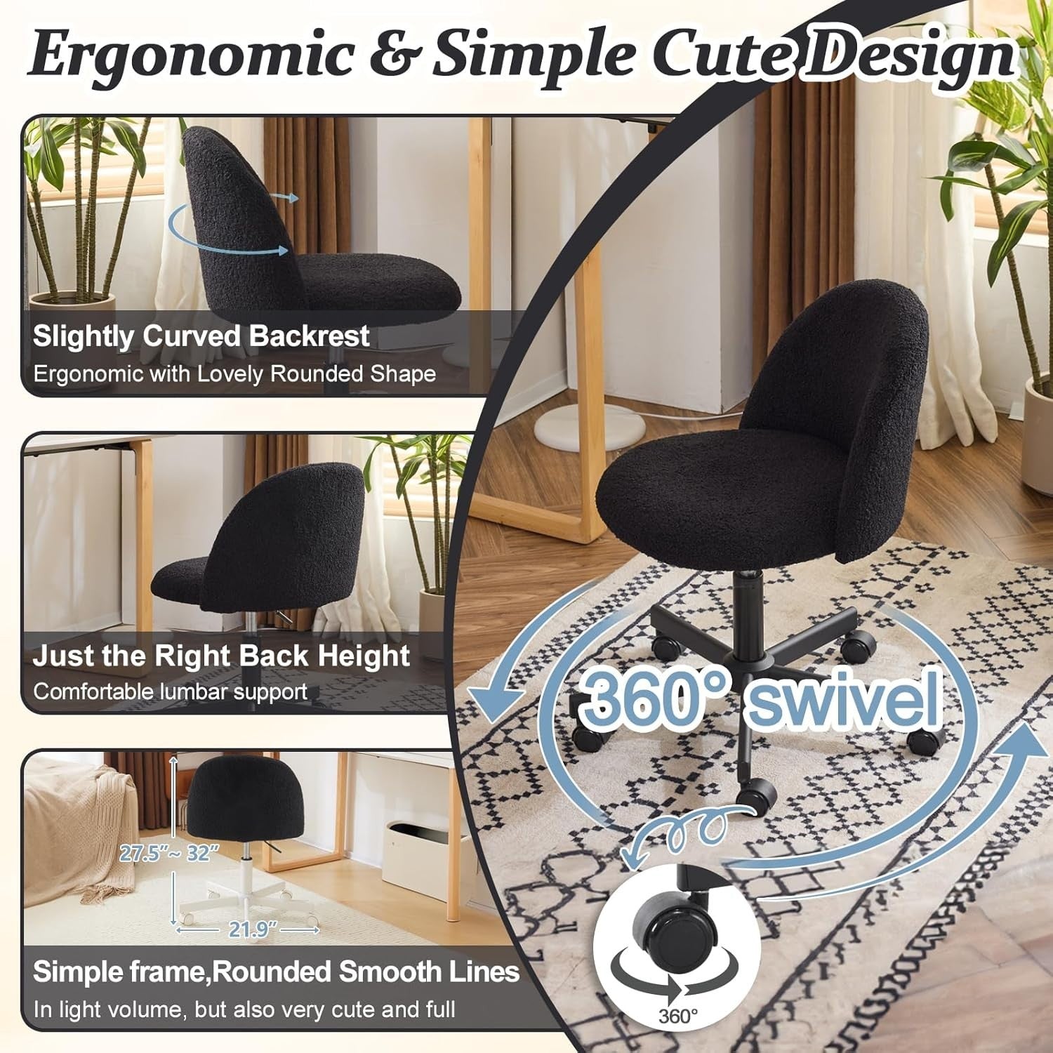 Black Faux Fur Swivel Desk Chair Adjustable Height Small Modern Vanity Seat