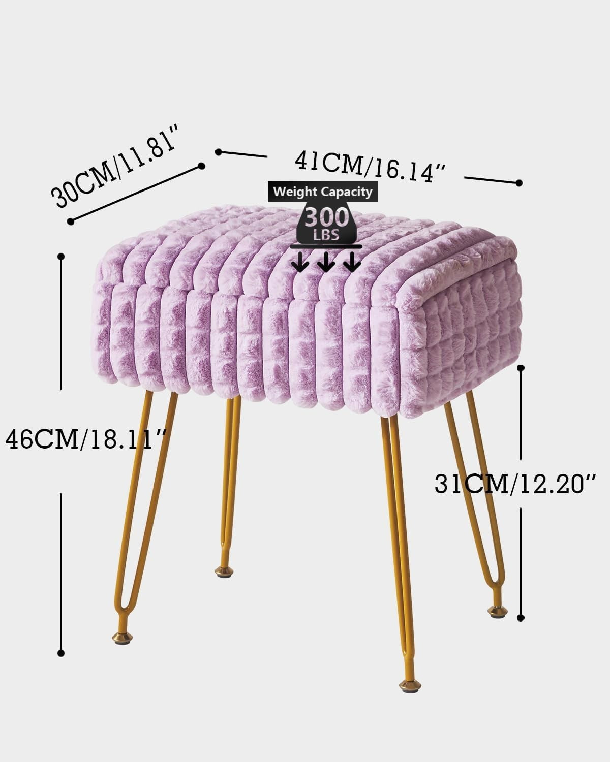 Purple Rectangular Vanity Stool with Storage Padded Makeup Chair with Metal Legs