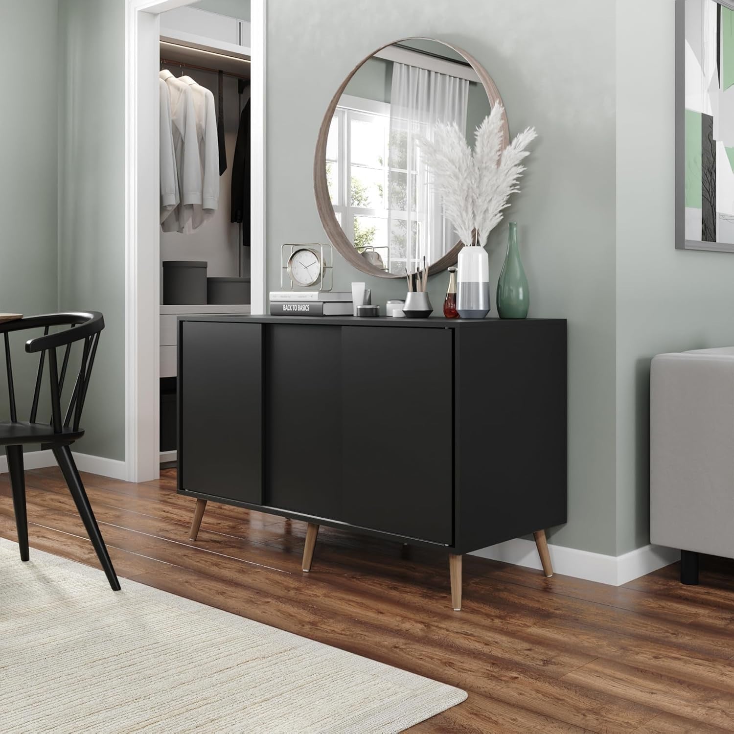 120cm Sliding Door Sideboard Cabinet with Wooden Legs for Living Room