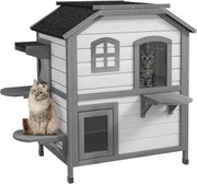 Weatherproof 2-Story Outdoor Wooden Cat House with Escape Door 91x78x55.5cm