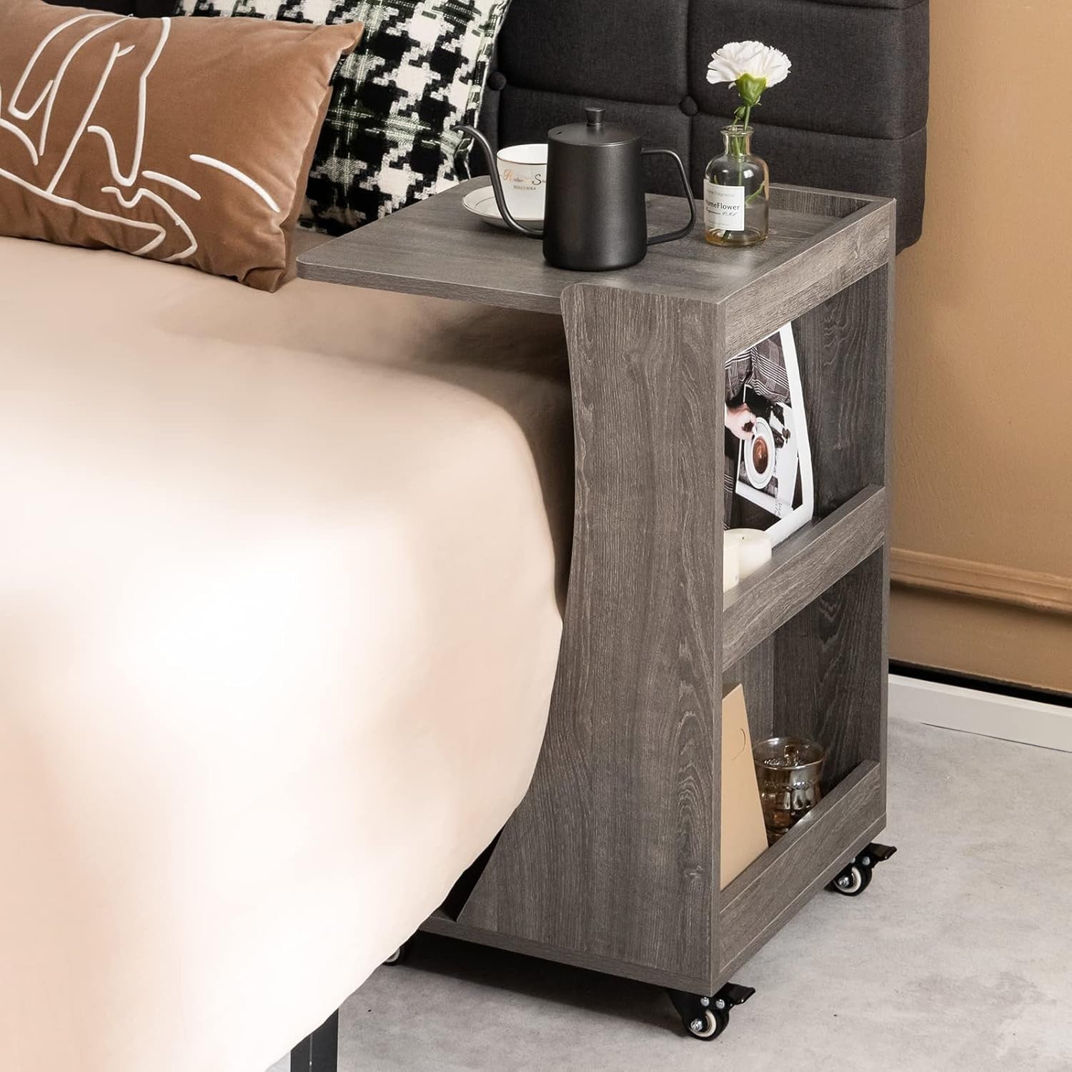 Modern C-Shaped Mobile Side Table with Wheels, Storage Shelves & Compact Design