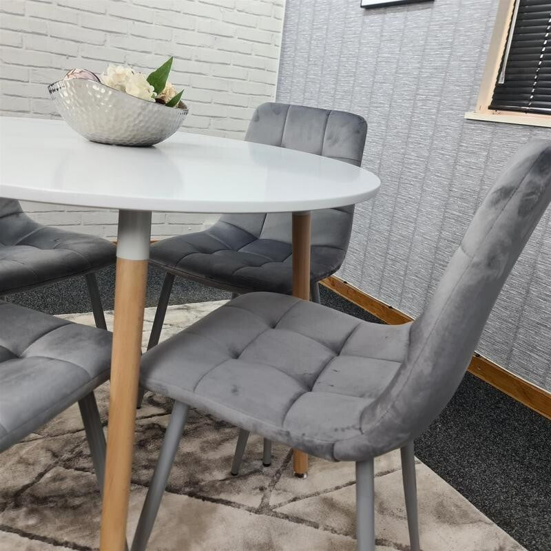 Round White Dining Table Set with 4 Grey Velvet Chairs – 4 Seater Kitchen