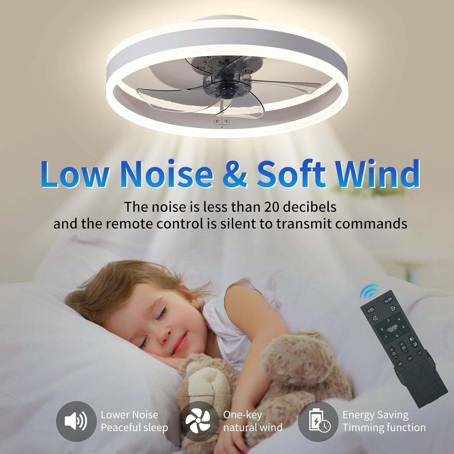 50cm Smart Ceiling Fan Light, 6-Speed Dimmable Reversible LED, Quiet Grey