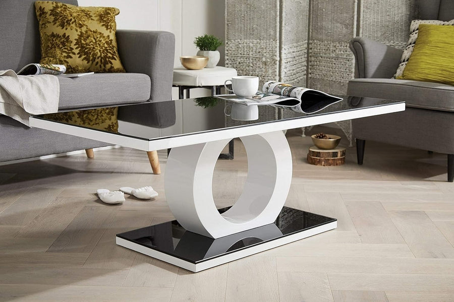Modern Glossy Black & White Glass Coffee Table with Tempered Glass 120x60cm