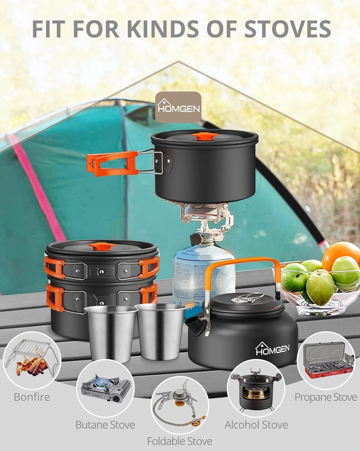 Orang Camping Cookware Set with Pot Frying Pan, Kettle & Utensils for 2–3 People