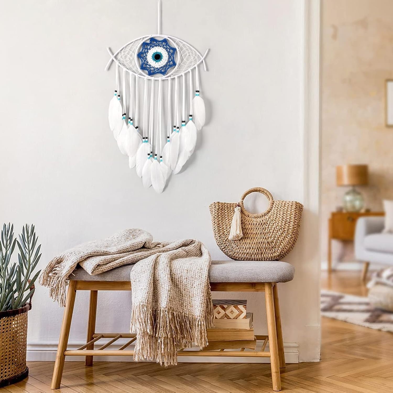 Boho Evil Eye Dream Catcher White Macrame Wall Hanging Decor