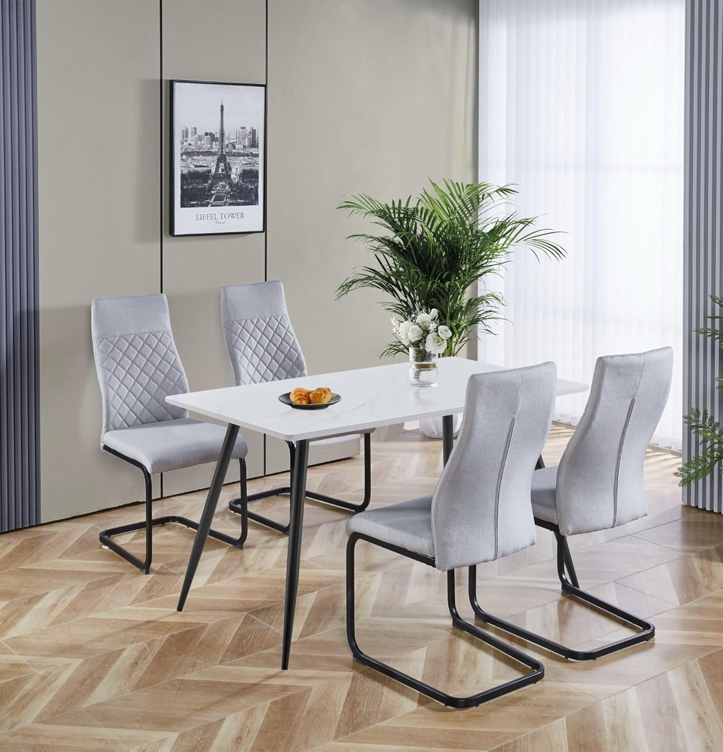 Marble Effect Dining Table & 4 High Back Grey Chairs – Small Kitchen Set