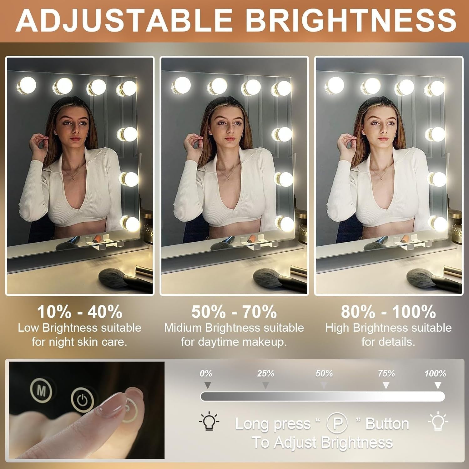 LED Makeup Mirror 50x40cm with 3 Light Modes, 10X Magnifier, Touch Control