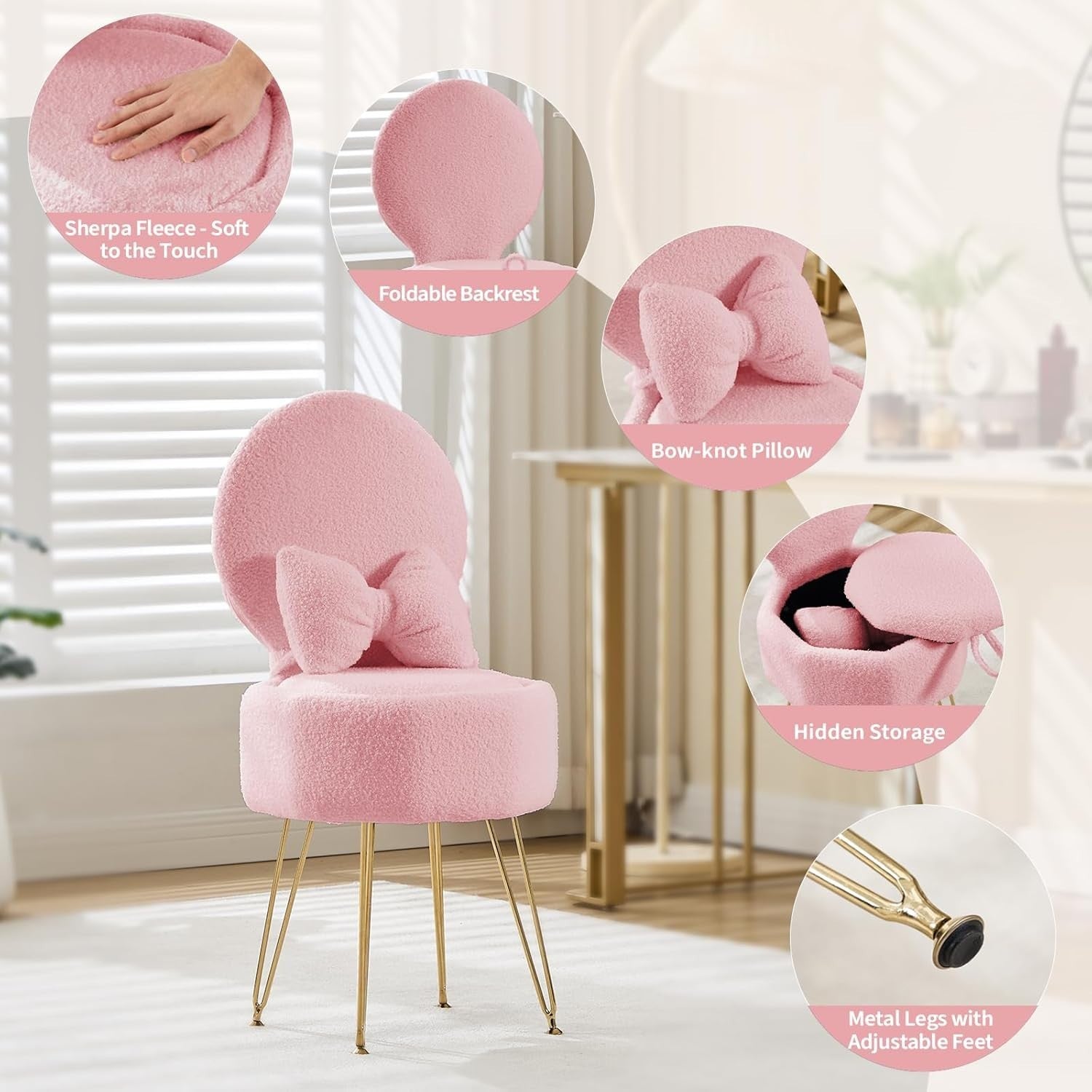 Pink Sherpa Vanity Chair with Storage & Foldable Back – Makeup Stool