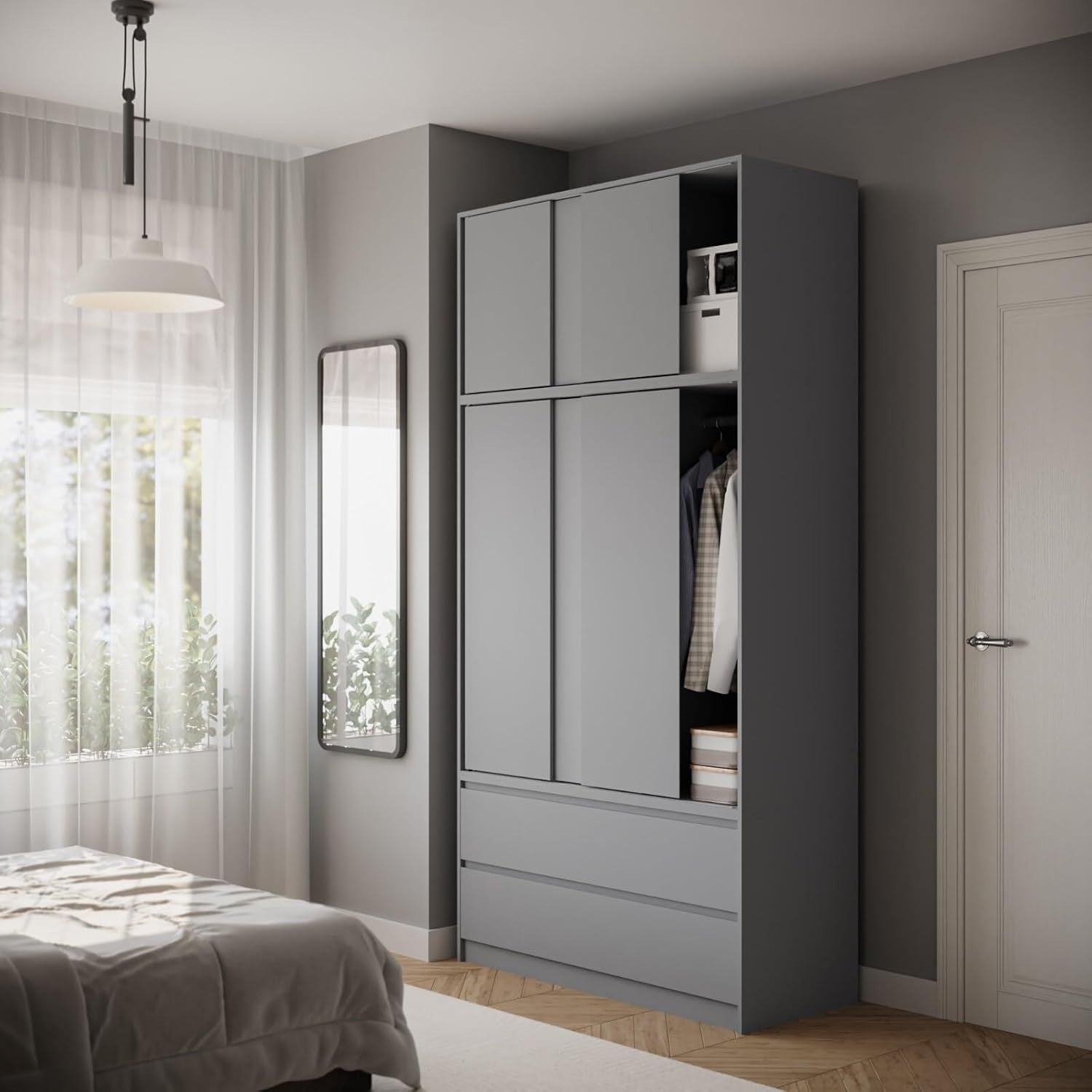 Grey Sliding Wardrobe 240cm 6 Doors 4 Drawers Bedroom Closet Storage Unit