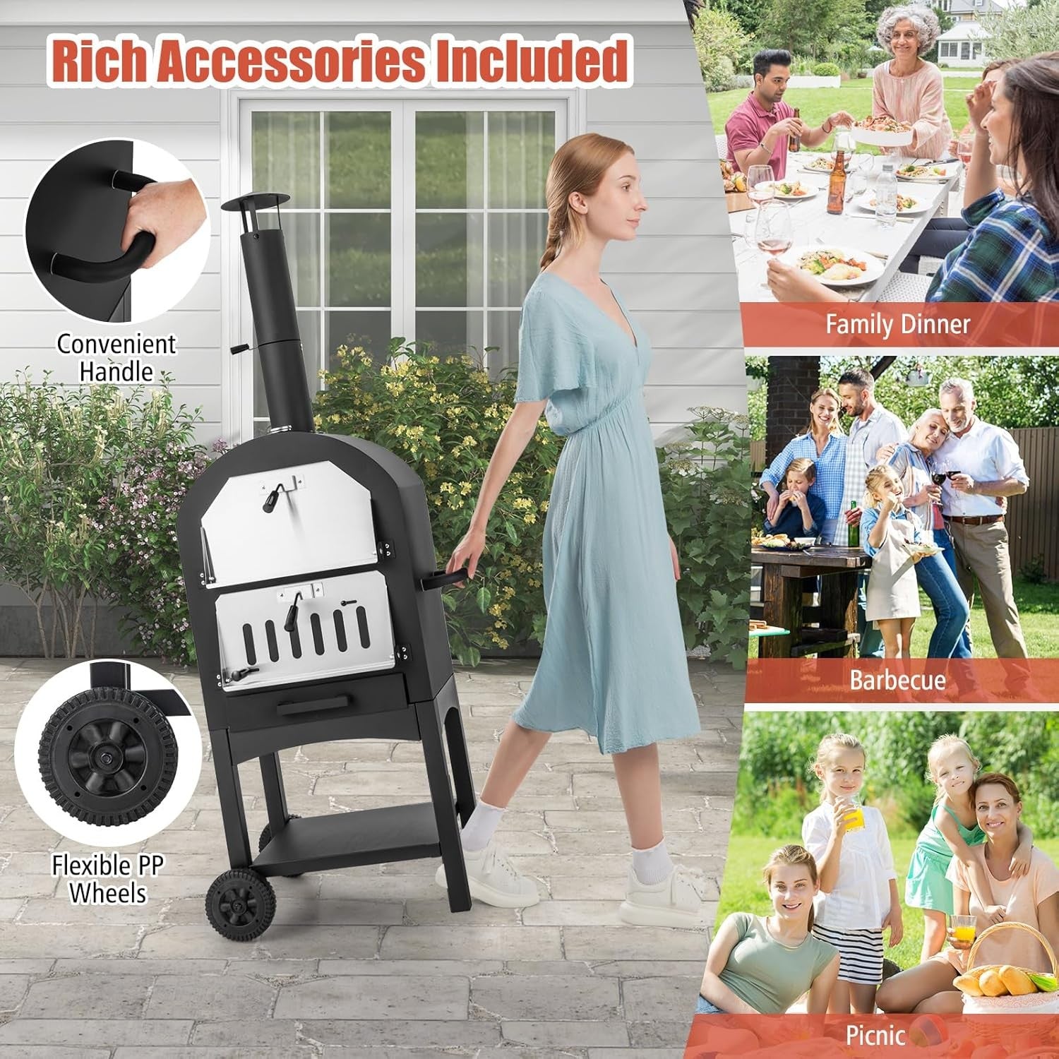 Outdoor Wood-Fired Pizza Oven | Patio BBQ Grill w/ Thermometer, Stone & Cover
