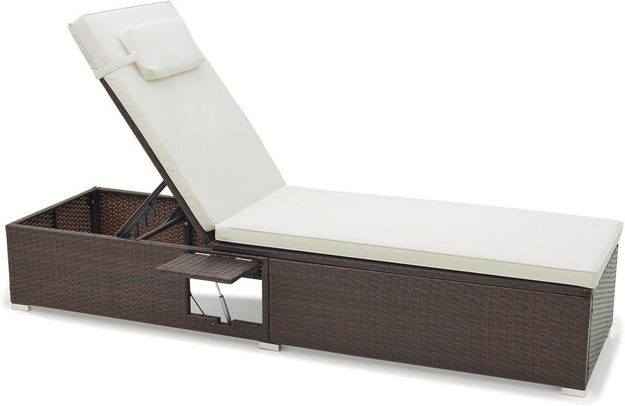 Adjustable 6-Level Rattan Sun Lounger with Cushion & Folding Table, Off-White
