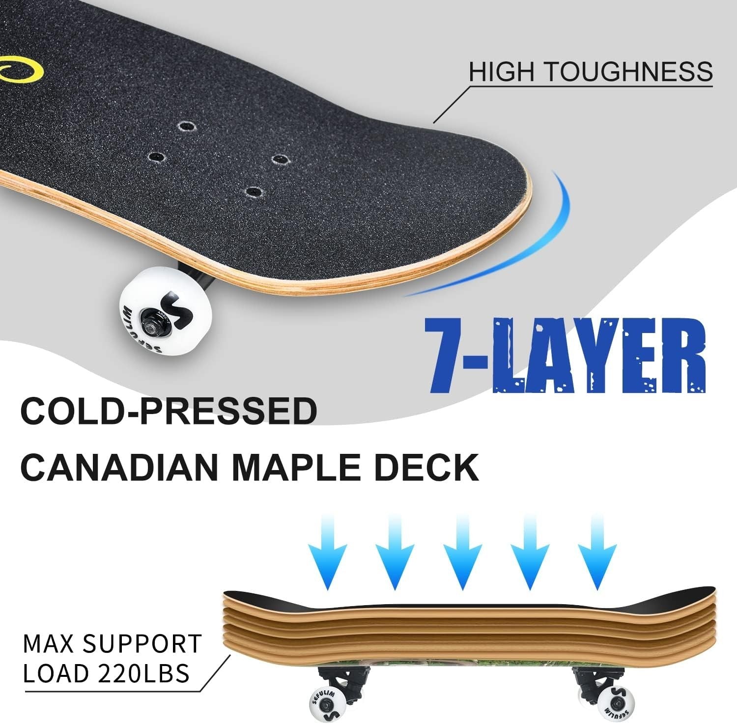 31" Complete Skateboard Maple Double Kick Trick Board Skeletal Design Teens