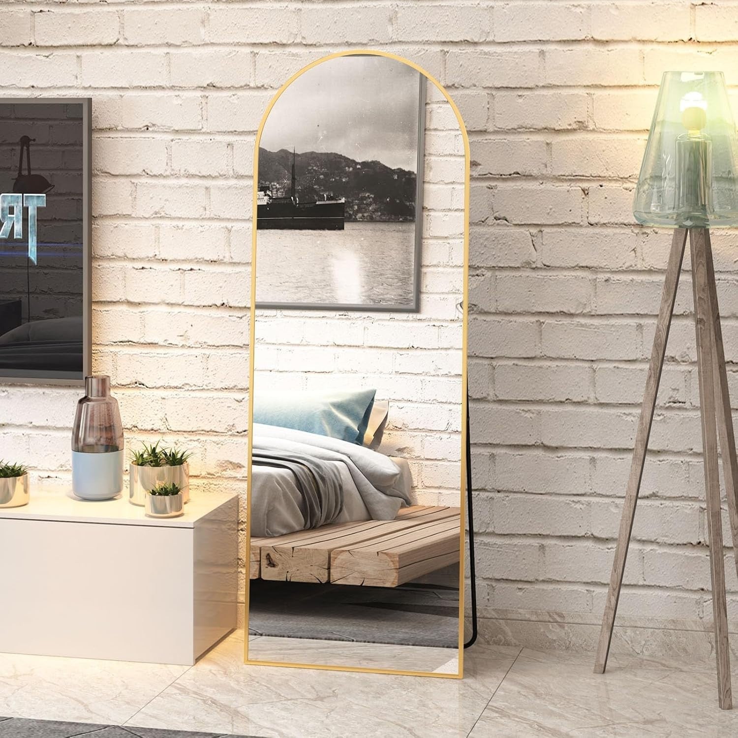 Gold Arch Floor Mirror 162x53cm Full Length Standing Leaning Luxury