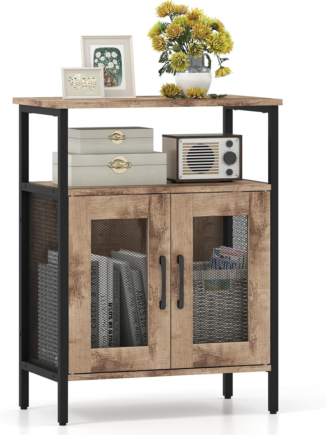 Grey Wash Wine Bar Cabinet with Glass Holder & Bottle Rack Freestanding