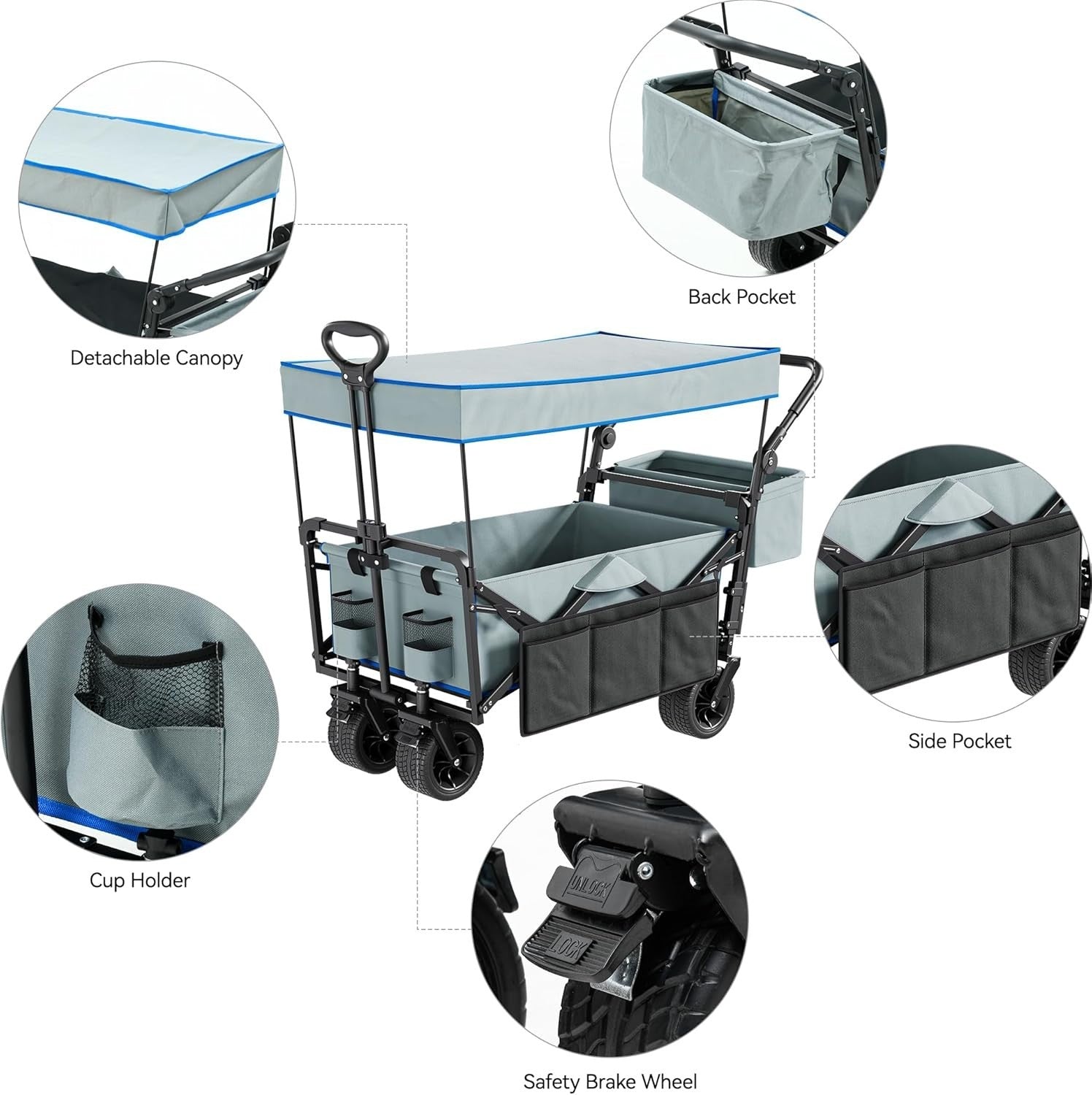 Grey Folding Beach Wagon Cart w/ Canopy Push Pull Large 220lb Capacity