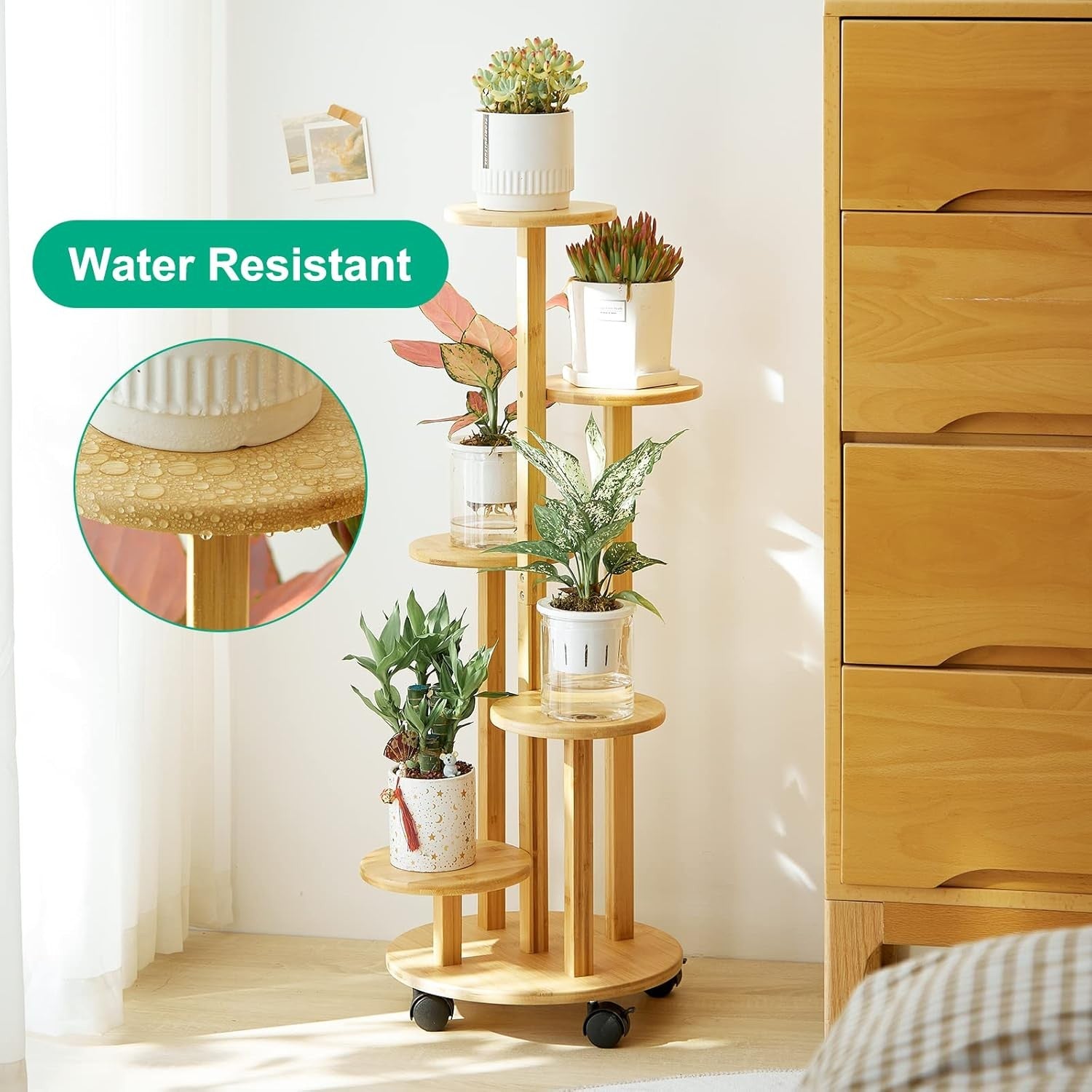 5 Tier Natural Bamboo Plant Stand with Wheels Indoor Outdoor Corner Shelf