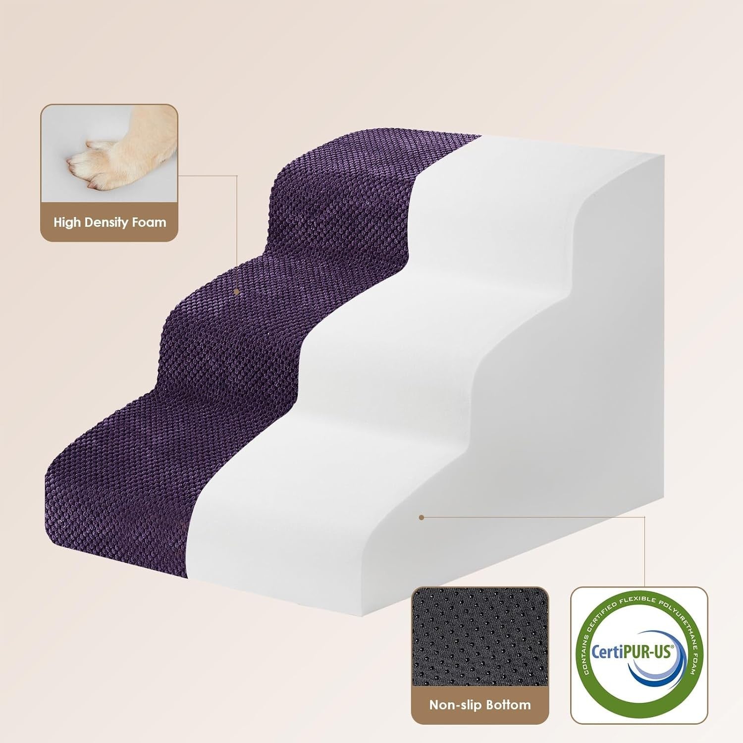 3 Step Dog Stairs for Bed Non Slip Foam Pet Steps Purple