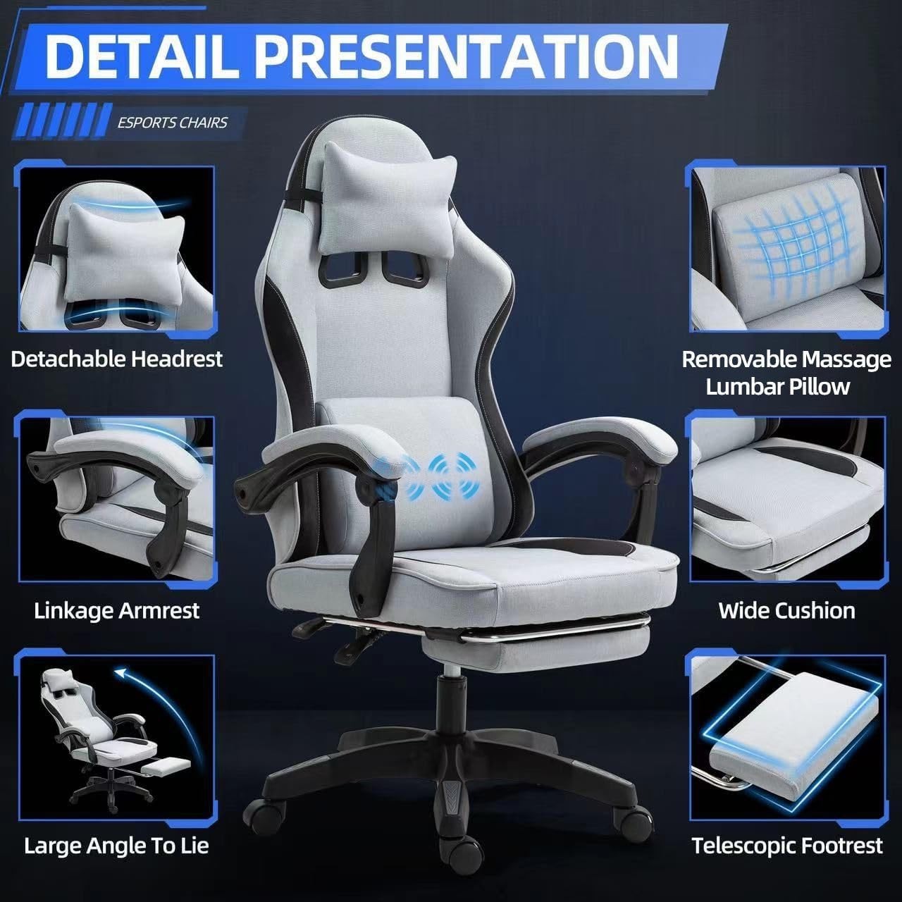 Fabric Gaming Chair Massage Recliner Footrest Ergonomic Adjustable Grey