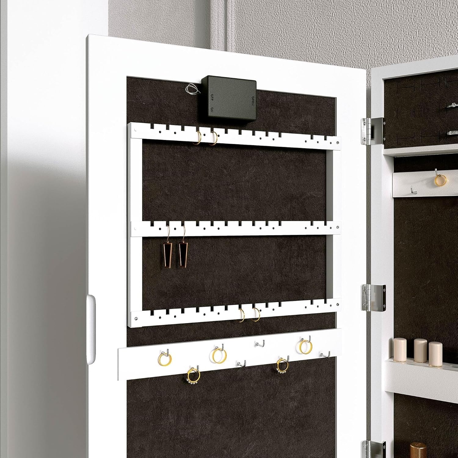 White LED Jewellery Cabinet Wall Mounted Mirror Storage Organizer