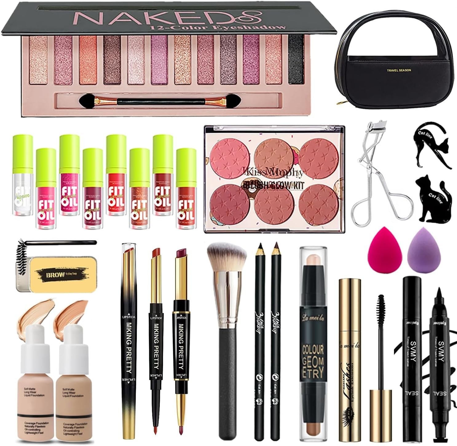 All-in-One Makeup Kit – Eyeshadow, Lipstick, Foundation & Brushes