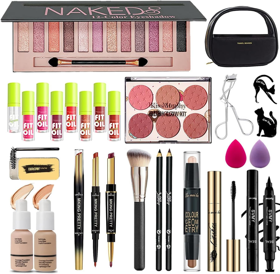 All-in-One Makeup Kit – Eyeshadow, Lipstick, Foundation & Brushes
