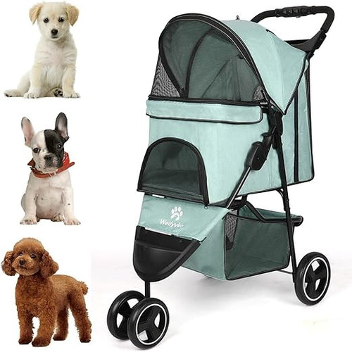 Pet Stroller 3 Wheel Folding Dog Cat Buggy with Storage Basket Travel Pram