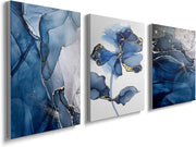 Blue Flower Wall Art Set of 3 Framed Canvas 12x16in Bedroom
