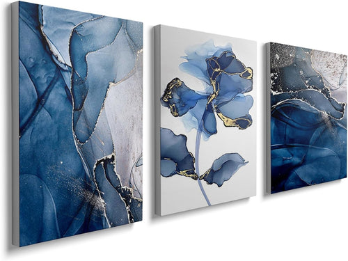 Blue Flower Wall Art Set of 3 Framed Canvas 12x16in Bedroom