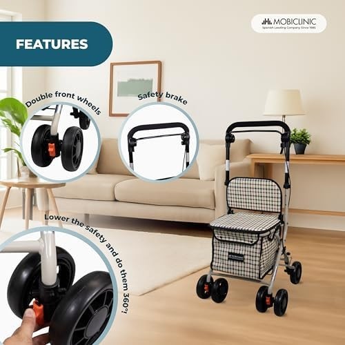 Foldable Adult Shopping Trolley Walker with Seat & Backrest – 21L Rollator