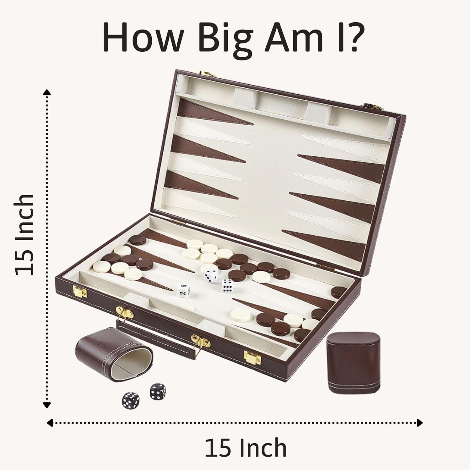 Luxury Backgammon Set 15 Inch Travel Board with Leather Case Dice Cups