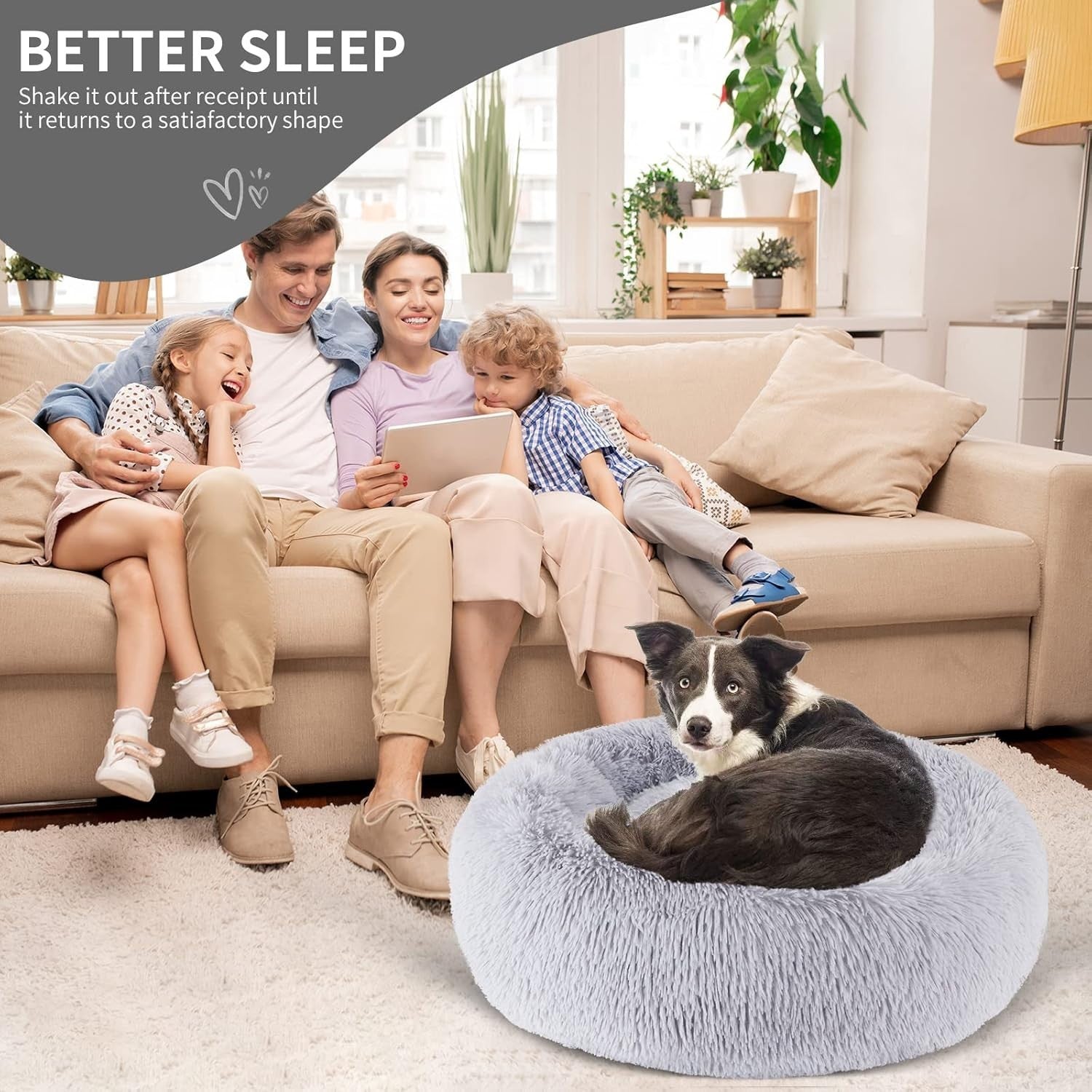 80cm Calming Donut Dog Bed Plush Washable Light Grey